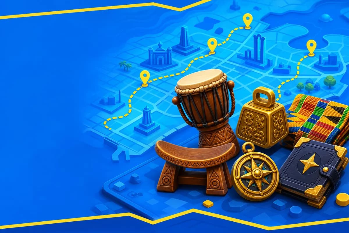 CityQuest game board artwork with a drum, a bell, a compass and kente cloth over a map of the city